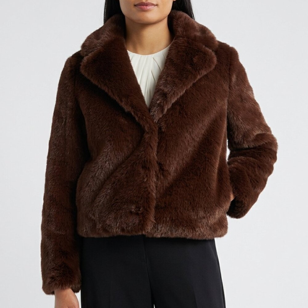 Colebrook Chocolate Brown Cropped Faux Fur Jacket SZ M